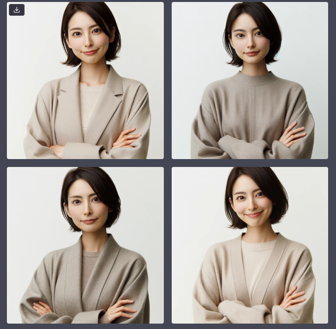 photo of a Japanese woman in her late 20s, wearing a neutral-hued outfit, crossing her arms, her face radiating a soft and approachable aura, against a clear white background.
