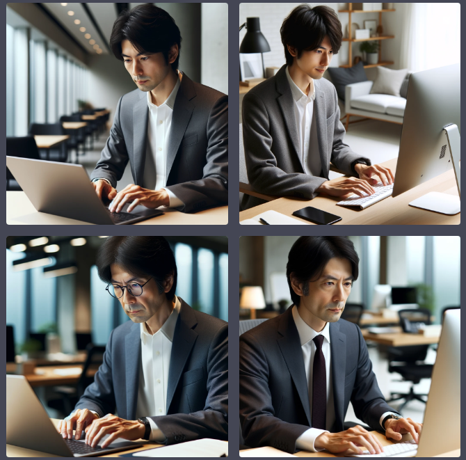 photo of a Japanese man in his 40s, with a concentrated expression, navigating through his PC, placed in a professional office setting.
