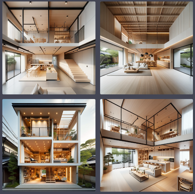 photo of a chic Japanese one-story residence, integrating a mezzanine, and designed to maximize interior space, exuding a sense of minimalism and elegance.