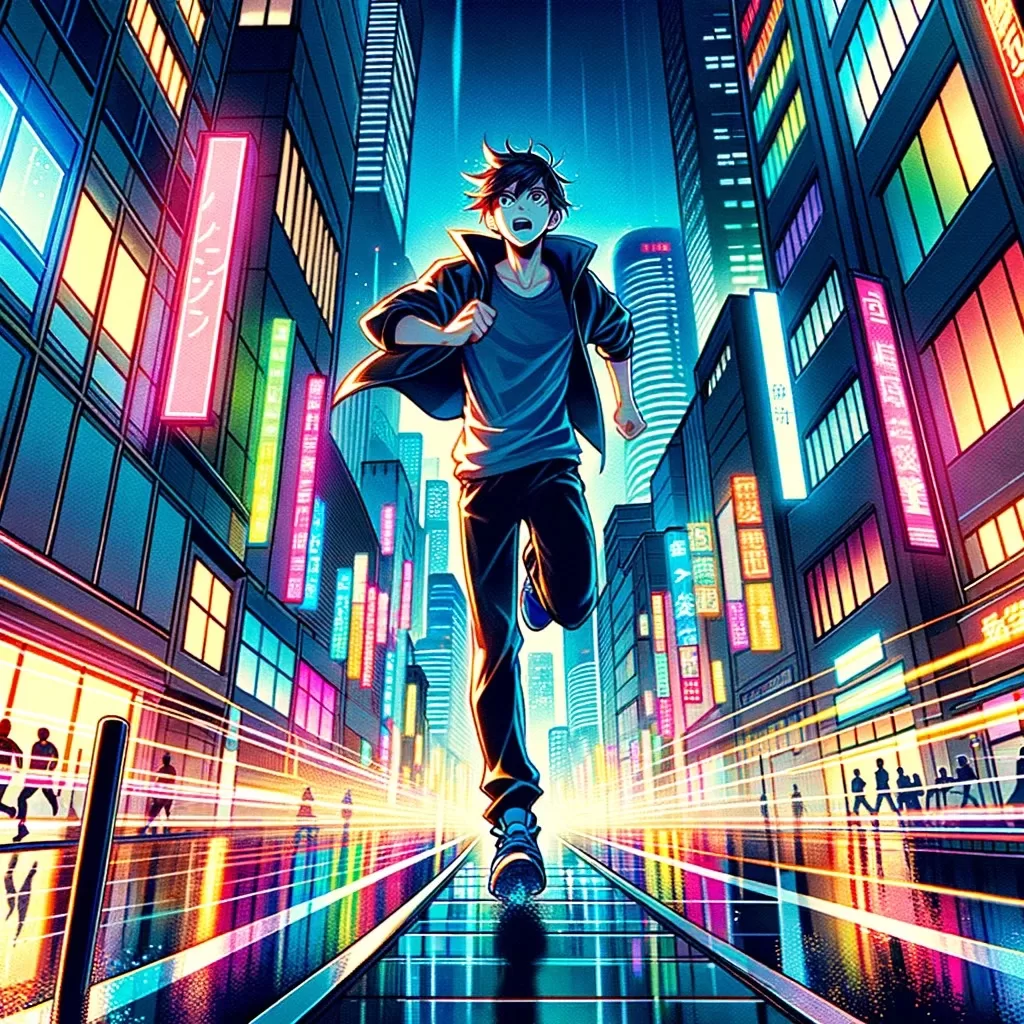  アニメで男性が夜の都市を走る画像