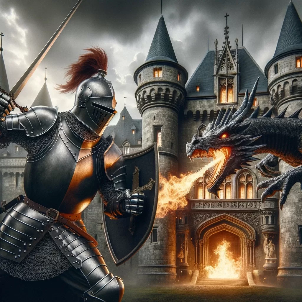 中世の城で騎士がドラゴンと戦っているリアリスティックな画像