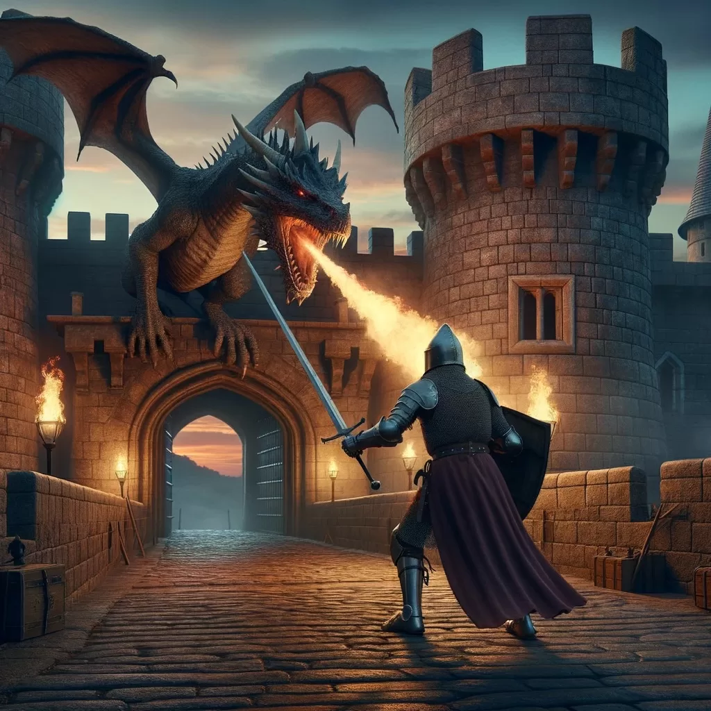中世の城で騎士がドラゴンと戦っているリアリスティックな画像